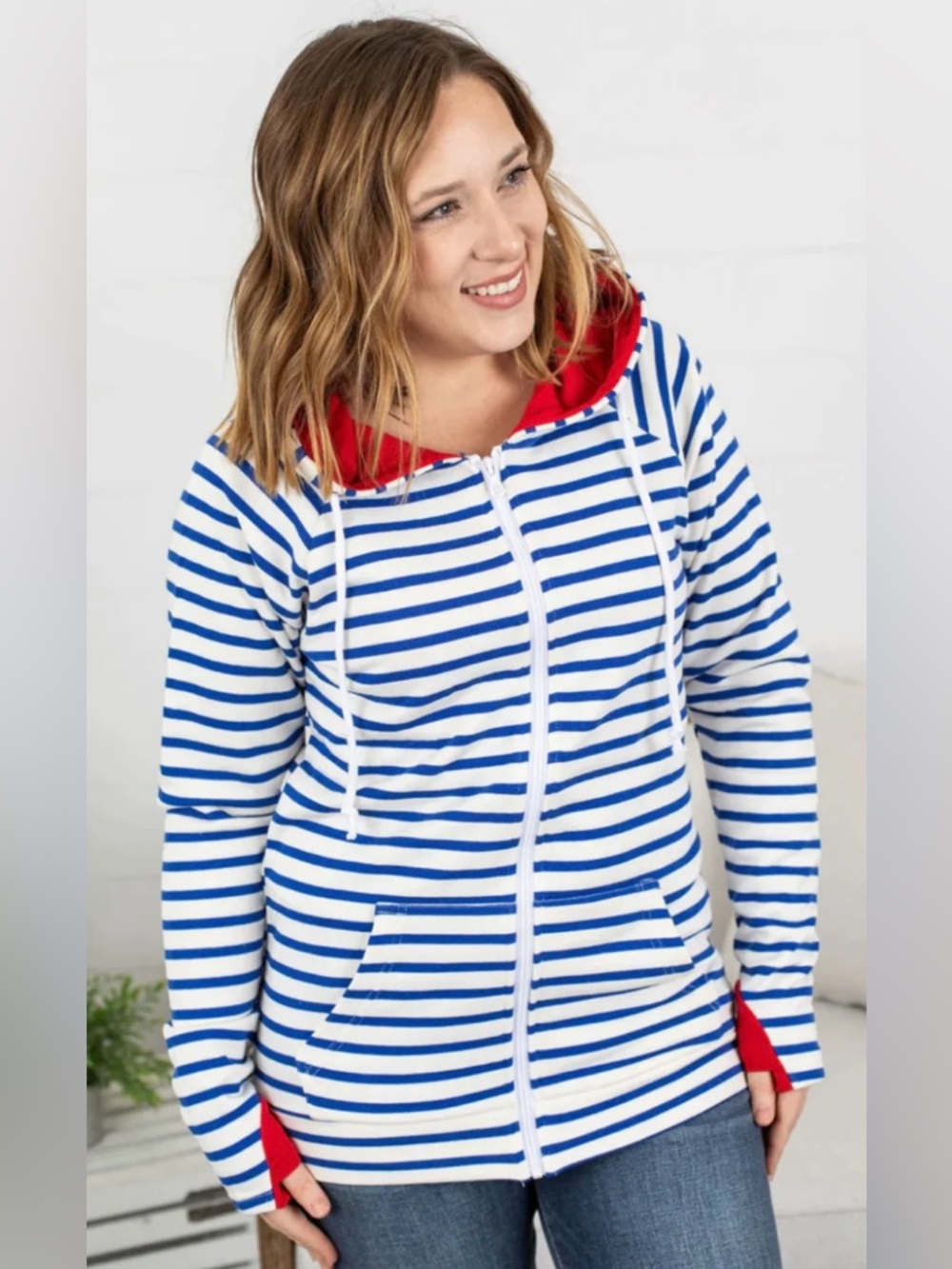 Michelle Mae Out On The Boat Red Hooded Nautical Blue Strip Thumbhole Hoodie